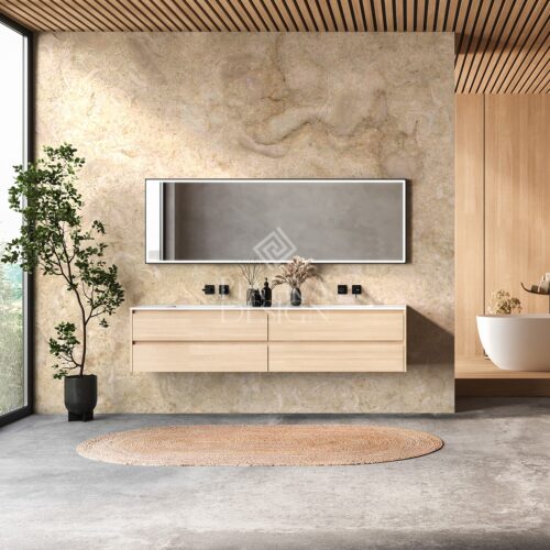 A bathroom with a large mirror and two sinks. The mirror is surrounded by plants and a vase. The bathroom has a modern and clean look. 3D Rendering